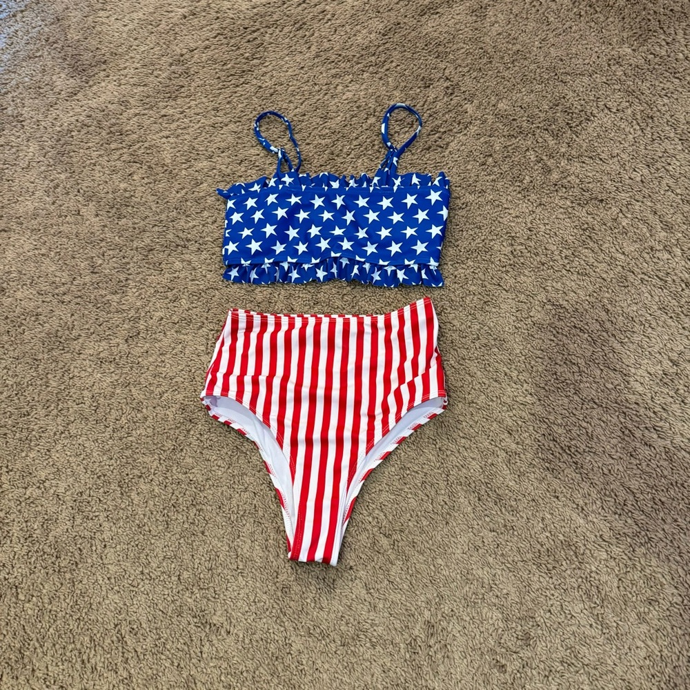 NEW Patriotic red white and blue American flag high waisted bikini XS